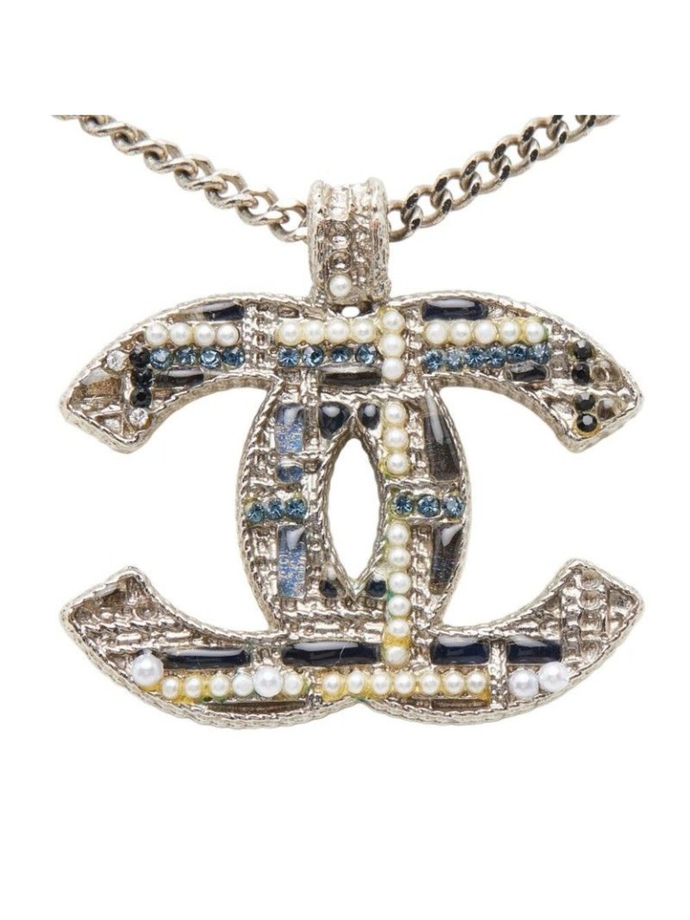 Chanel CC Logo Pearl Tweed Silver Black Blue Metal - Picture 2 of 7